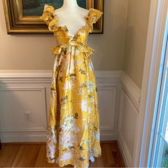 H&M Dresses & Skirts - H&M Yellow Floral Ruffle Plunge Open Back Lyocell Midi Dress